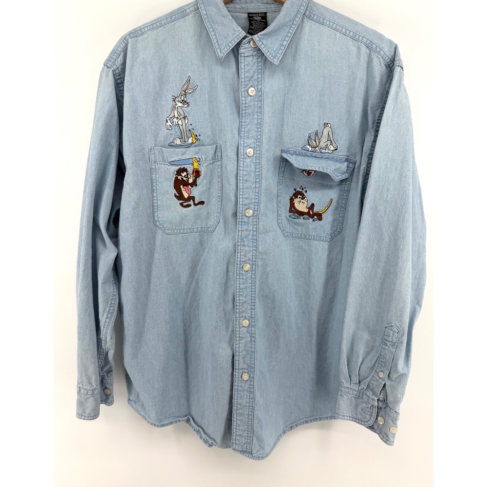 Vintage Warner Bros Studio Store Looney Tunes Bugs Bunny Taz Denim Shirt Medium